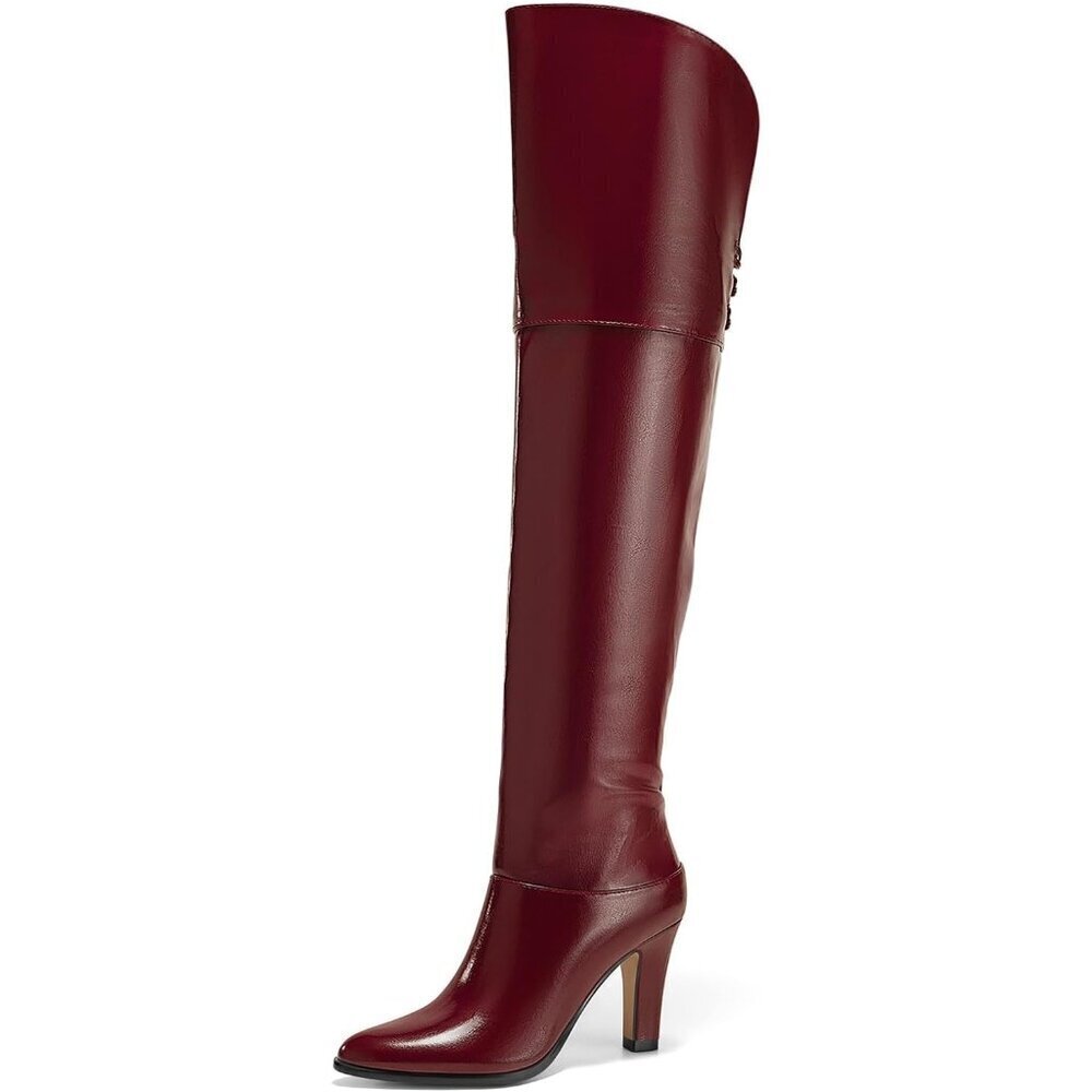 🆕Women Burgundy Synthetic Thigh High Pointed Toe Chunky Heel Over the Knee Boot - Picture 2 of 6